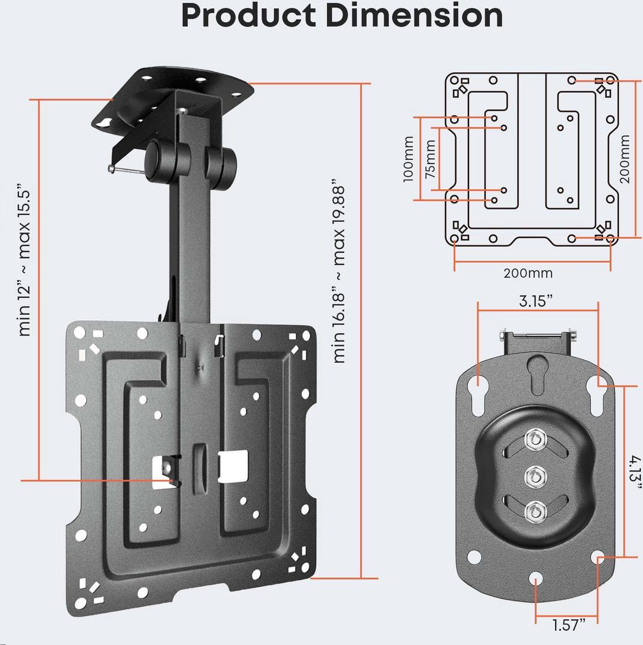 Alt view image 6 of 7 - PUTORSEN Manual Folding Ceiling TV Mount, Flip Down TV Mount for 19 to 50 inches TVs, Swivel and Height Adjustable Drop Down TV Mount for Flat & Pitched Roof, Max Load 44lbs, Max VESA 200x200