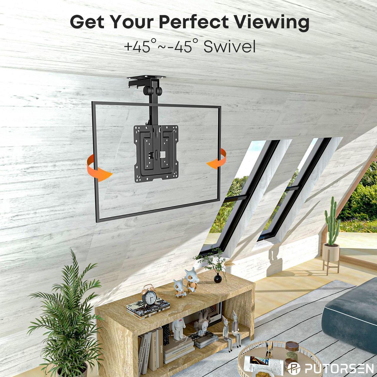 Alt view image 3 of 7 - PUTORSEN Manual Folding Ceiling TV Mount, Flip Down TV Mount for 19 to 50 inches TVs, Swivel and Height Adjustable Drop Down TV Mount for Flat & Pitched Roof, Max Load 44lbs, Max VESA 200x200