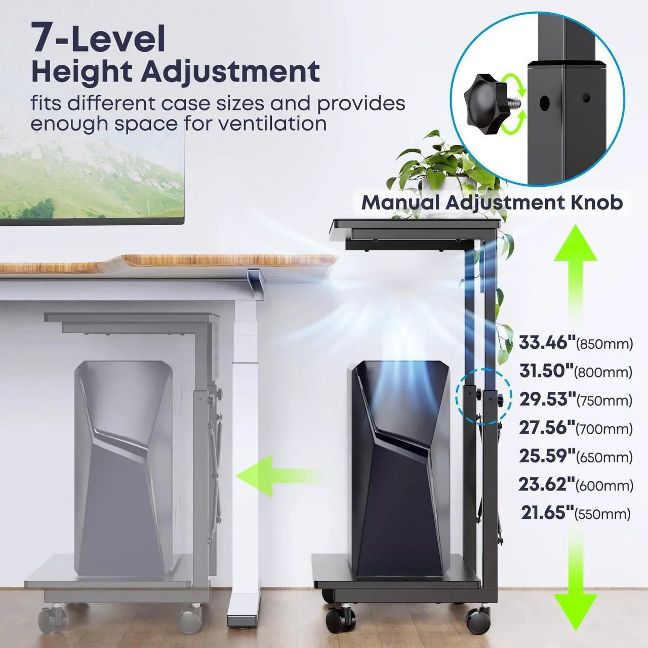Alt view image 5 of 7 - PUTORSEN PC Tower Stand, Height Adjustable Computer Tower Stand Under Desk, 2-Tier ATX-Case PC Floor Stand, PC Holder, Under Desk Printer Stand with Rolling Wheels, Black