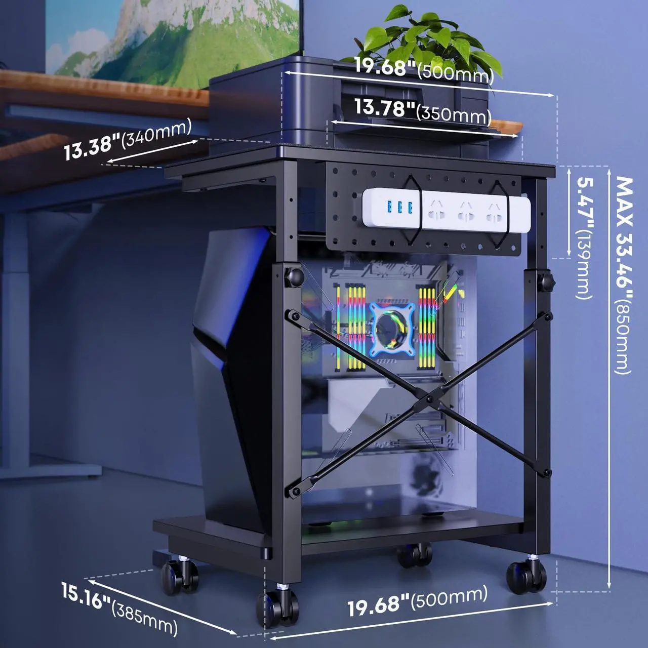 Alt view image 4 of 7 - PUTORSEN PC Tower Stand, Height Adjustable Computer Tower Stand Under Desk, 2-Tier ATX-Case PC Floor Stand, PC Holder, Under Desk Printer Stand with Rolling Wheels, Black