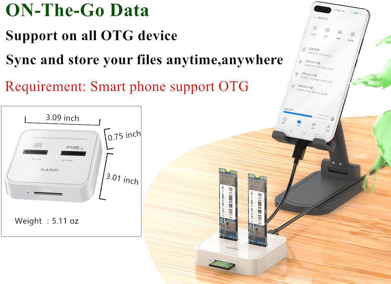 Alt view image 6 of 7 - MAIWO K3016SD NVMe SATA SD 3 Bay SSD Docking Station, 10Gbps M.2 SSD Enclosure Reader Adapter, Compatible SD Express/M.2 NVMe SATA SSD, USB Type C Data Transfer Speed up to 10Gbps