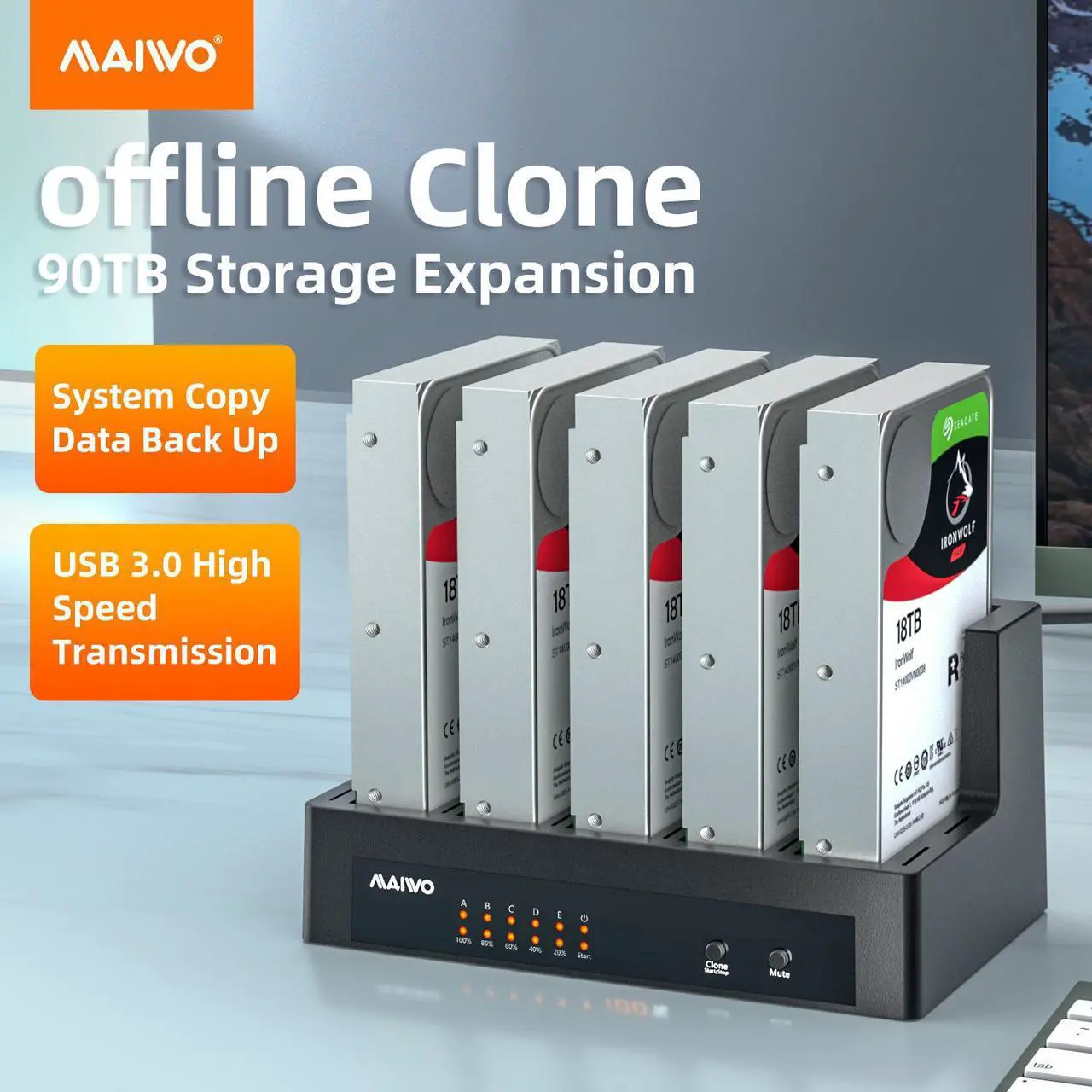 Alt view image 2 of 7 - MAIWO 5 Bay 1:4 2.5/3.5" SATA SSD Docking Station, USB3.0 to 2.5 Inch & 3.5 Inch SATA SSD Clone External Hard Drive HDD Enclosure for SATA, Support Offline Clone Duplicator [Support 90TB]