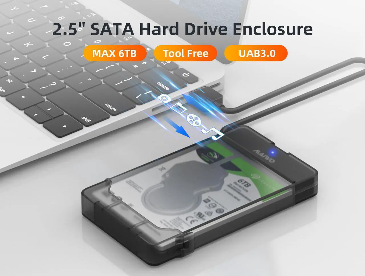 Alt view image 6 of 7 - MAIWO K104 2.5 inch USB 3.0 External Hard Drive Enclosure, USB3.0 to SATA Portable Clear Hard Disk Case for 2.5" 7mm / 9.5mm SATA HDD / SSD, Support UASP SATA III, Max 6TB, Tool-Free Design