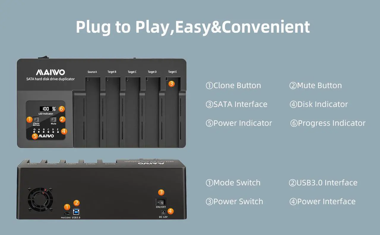 Alt view image 5 of 5 - MAIWO 5 Bay SATA HDD Docking Station Cloner Dock with Clone USB 3.0 to SATA External Hard Drive with Duplicator Offline Clone Function for 2.5 or 3.5 inch HDD/SSD Max Support 5X 18TB