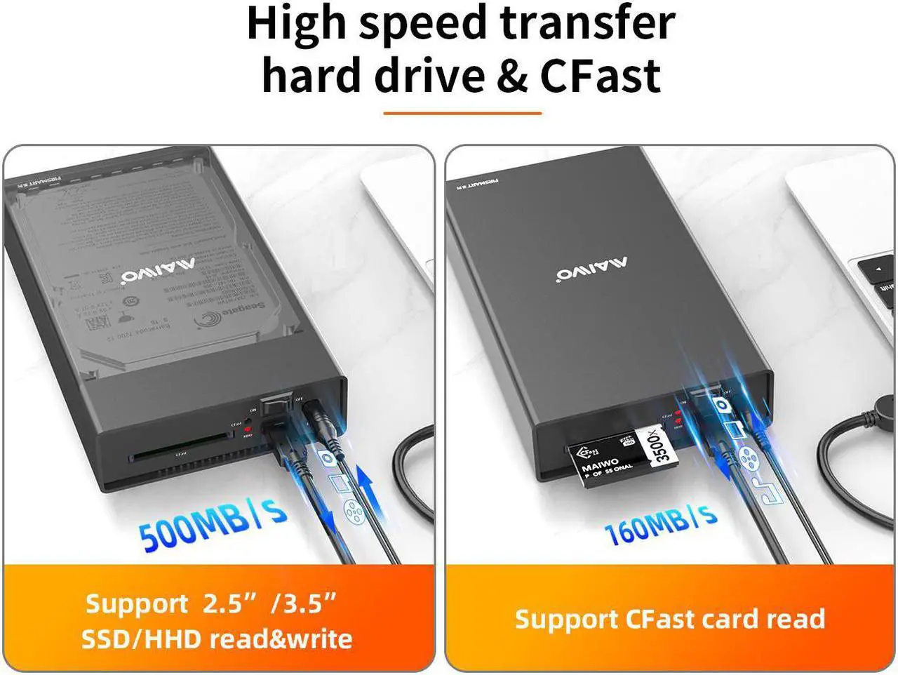 Alt view image 3 of 7 - MAIWO Aluminum Type C USB3.1 GEN1 2.5"/3.5'' SATA HDD /SSD External Hard Drive Enclosure Case with CFast Card Reader