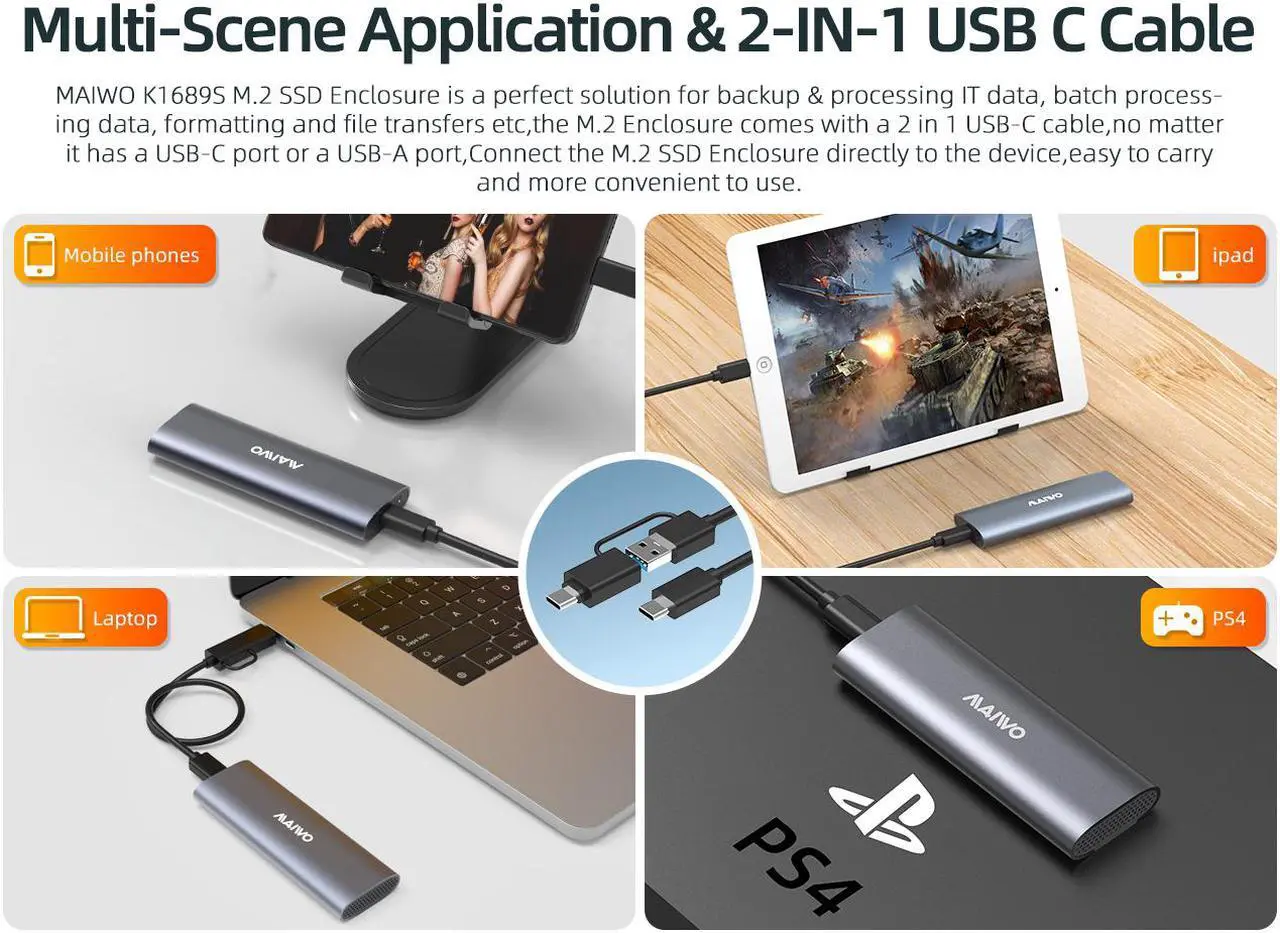 Alt view image 4 of 7 - MAIWO M.2 SATA SSD Hard Drive Enclosure, 6Gbps USB Type-C USB3.1 to SATA Solid State Drive Adapter, Tool Free M.2 SSD Reader for SATA B-Key/B+M Key SSD Size 2230/2242/2260/2280