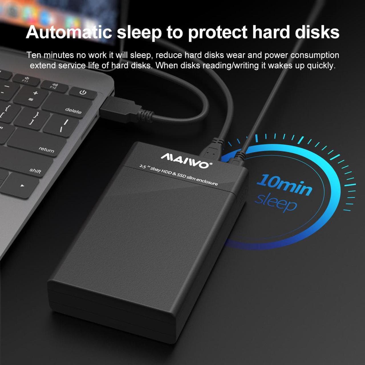 Alt view image 7 of 7 - MAIWO Dual Bay RAID Enclosure for 2.5" SATA Hard Drive, USB 3.0 HDD SSD Hard Disk Enclosure with 4 RAID Modes, Black Tool-free Slide Design