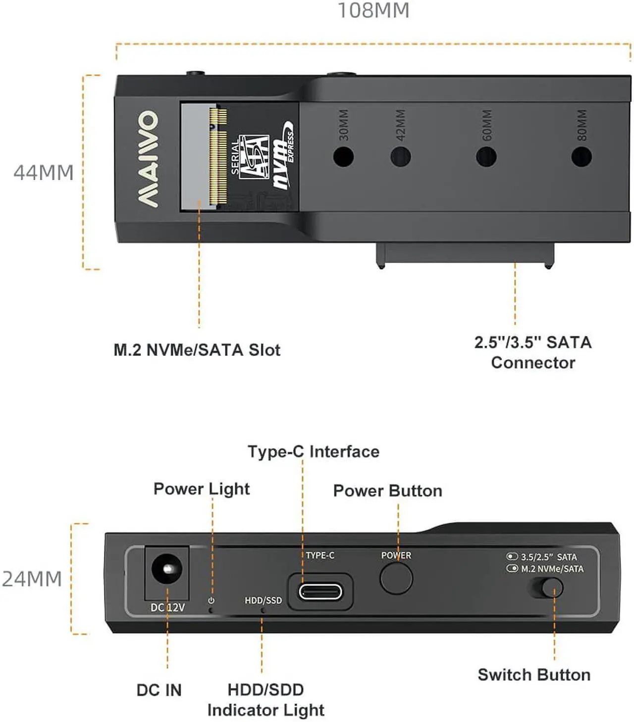 Alt view image 7 of 7 - MAIWO Type C to 2.5'' 3.5'' SATA Adapter to M.2 NVMe SATA Reader, USB3.2 Gen2 Converter for M.2 2.5/3.5 Hard Drive (Up to 18TB)