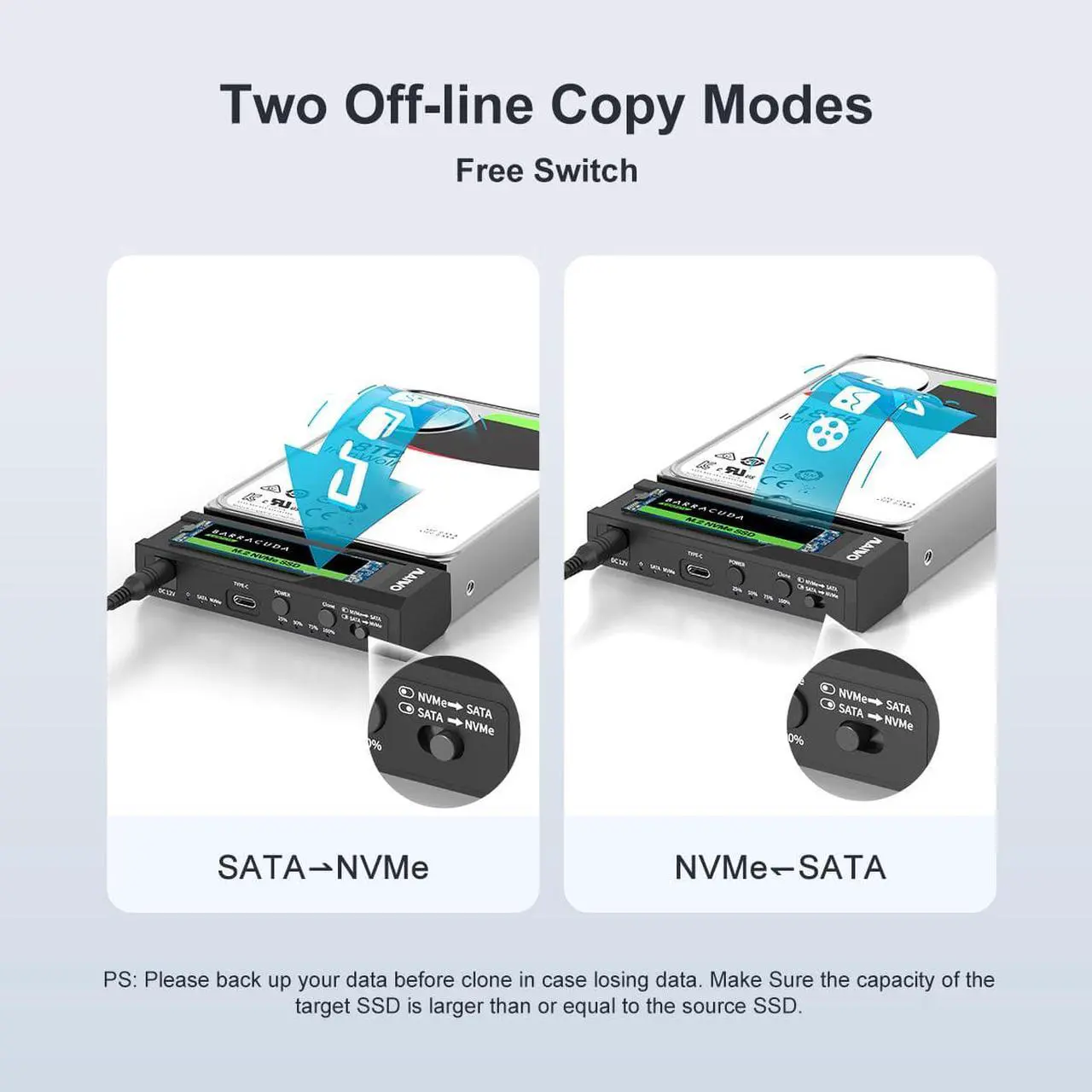 Alt view image 5 of 14 - MAIWO Dual Bay USB Type C Hard Drive Enclosure HDD / SSD Duplicator for 2.5/3.5 Inch SATA Hard Drive and M.2 NVMe SSD, Support Offline Clone and Transmission Speed Up to 10Gbps, w/ 12V/3A Power Adapte