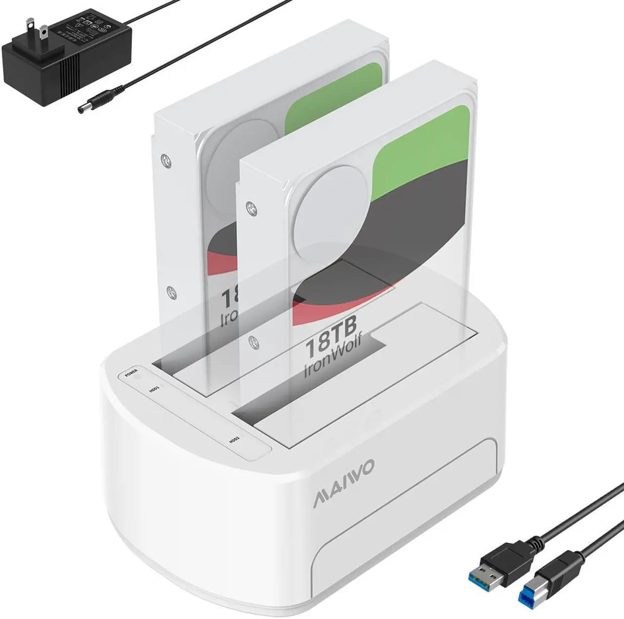 Main image of MAIWO White Portable Dual Bay Hard Drive Enclosure /USB3.0 Docking Station for 2.5 /3.5inch SATA HDD/SSD Tool-free, Transmission Speed Up to 5Gbps,36TB Capacity