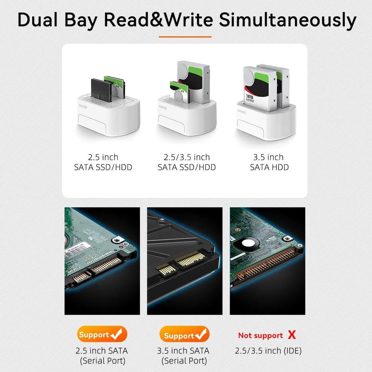 Alt view image 2 of 7 - MAIWO White Portable Dual Bay Hard Drive Enclosure /USB3.0 Docking Station for 2.5 /3.5inch SATA HDD/SSD Tool-free, Transmission Speed Up to 5Gbps,36TB Capacity