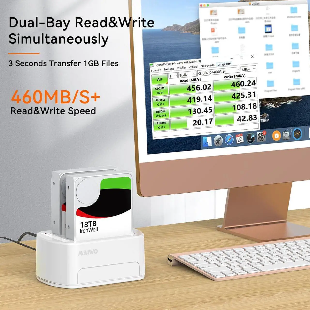 Alt view image 3 of 7 - MAIWO White Portable Dual Bay Hard Drive Enclosure /USB3.0 Docking Station for 2.5 /3.5inch SATA HDD/SSD Tool-free, Transmission Speed Up to 5Gbps,36TB Capacity
