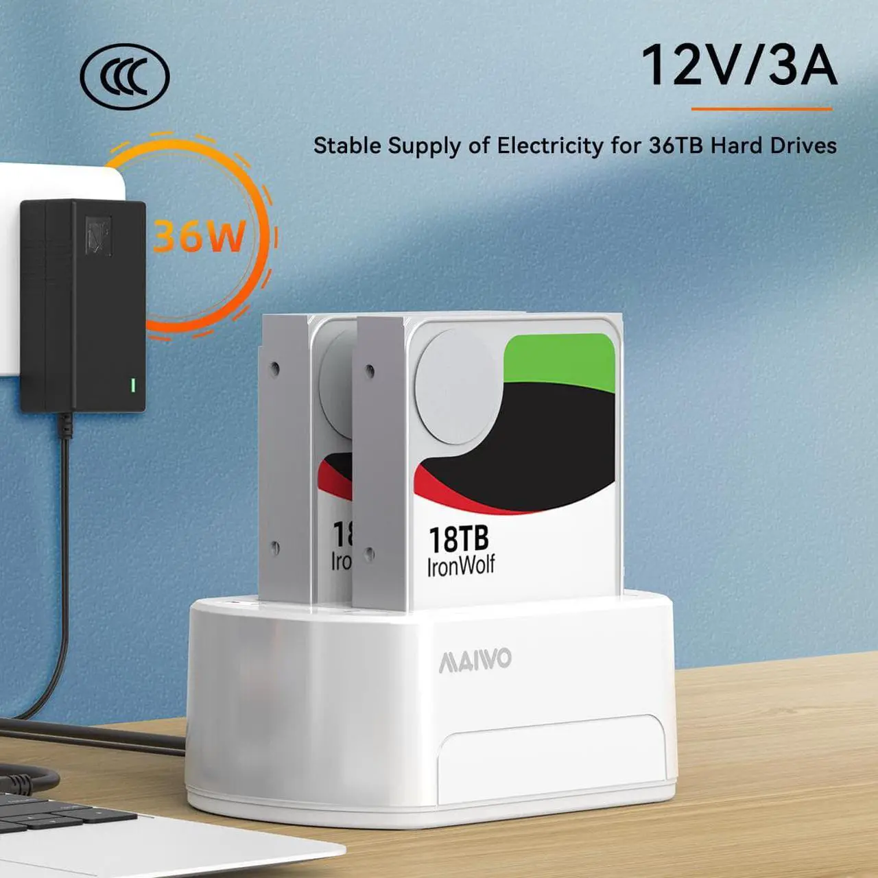 Alt view image 5 of 7 - MAIWO White Portable Dual Bay Hard Drive Enclosure /USB3.0 Docking Station for 2.5 /3.5inch SATA HDD/SSD Tool-free, Transmission Speed Up to 5Gbps,36TB Capacity