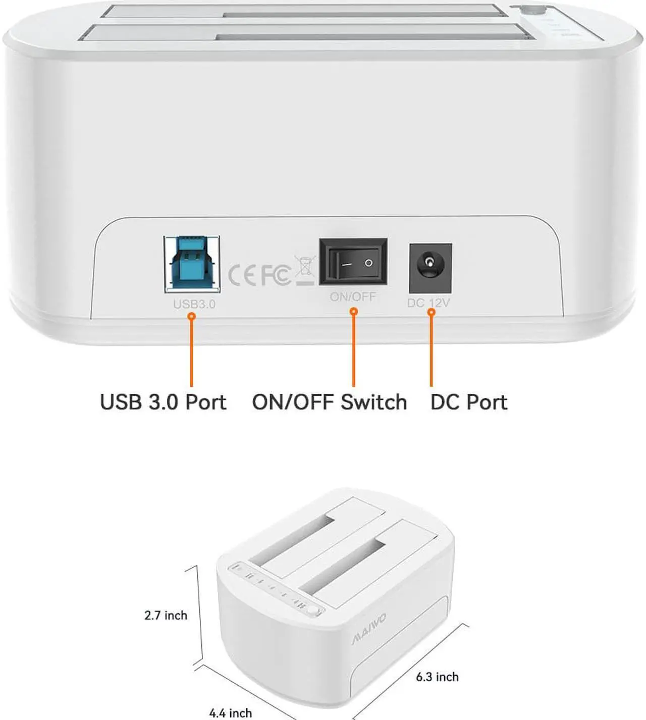 Alt view image 7 of 7 - MAIWO White Dual Bay USB 3.0 to SATA I/II/III External Hard Drive Docking Station Hard Disk Dock for 2.5 or 3.5in HDD, SSD with Hard Drive Duplicator/Cloner Function
