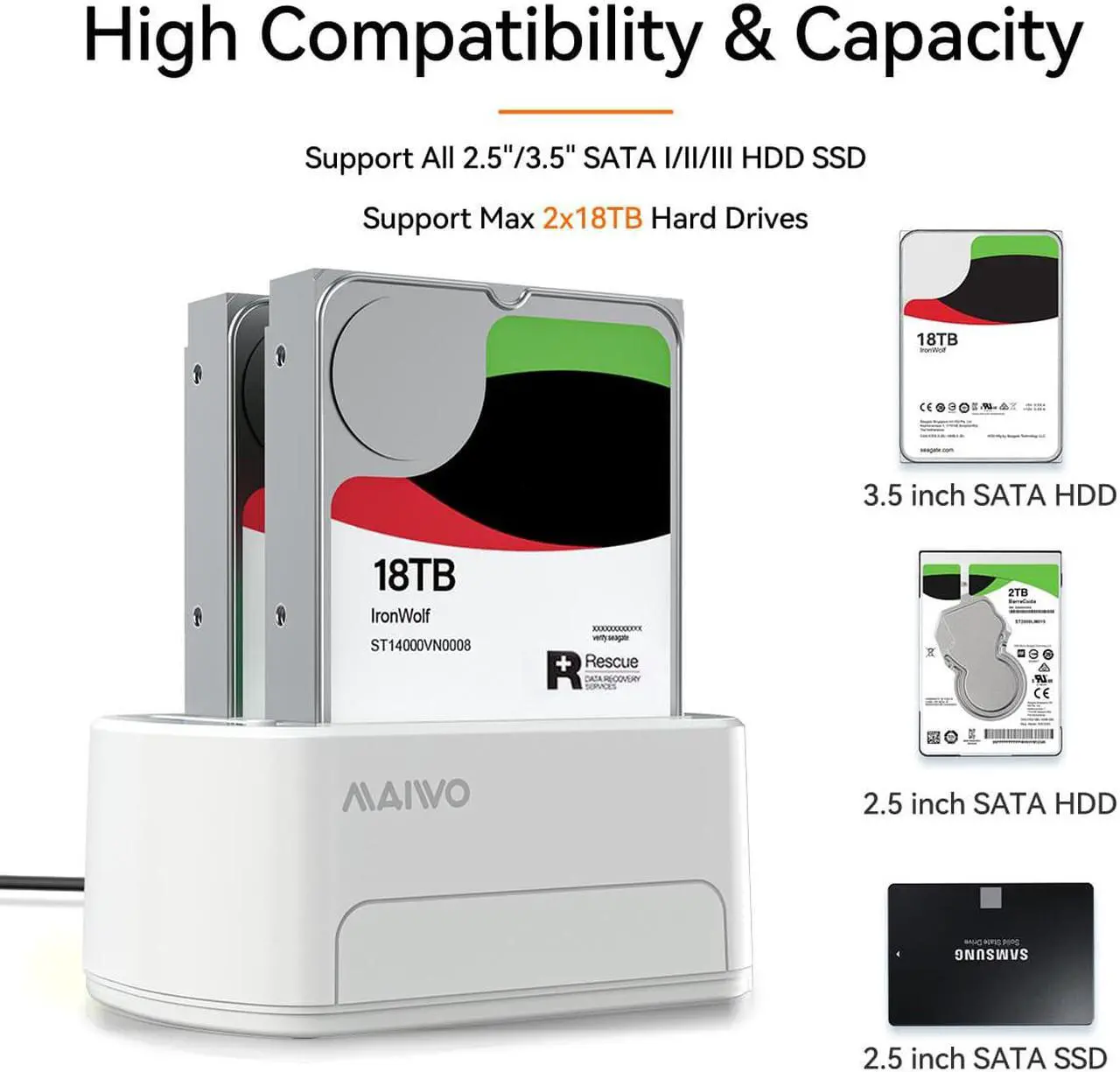 Alt view image 2 of 7 - MAIWO White Dual Bay USB 3.0 to SATA I/II/III External Hard Drive Docking Station Hard Disk Dock for 2.5 or 3.5in HDD, SSD with Hard Drive Duplicator/Cloner Function