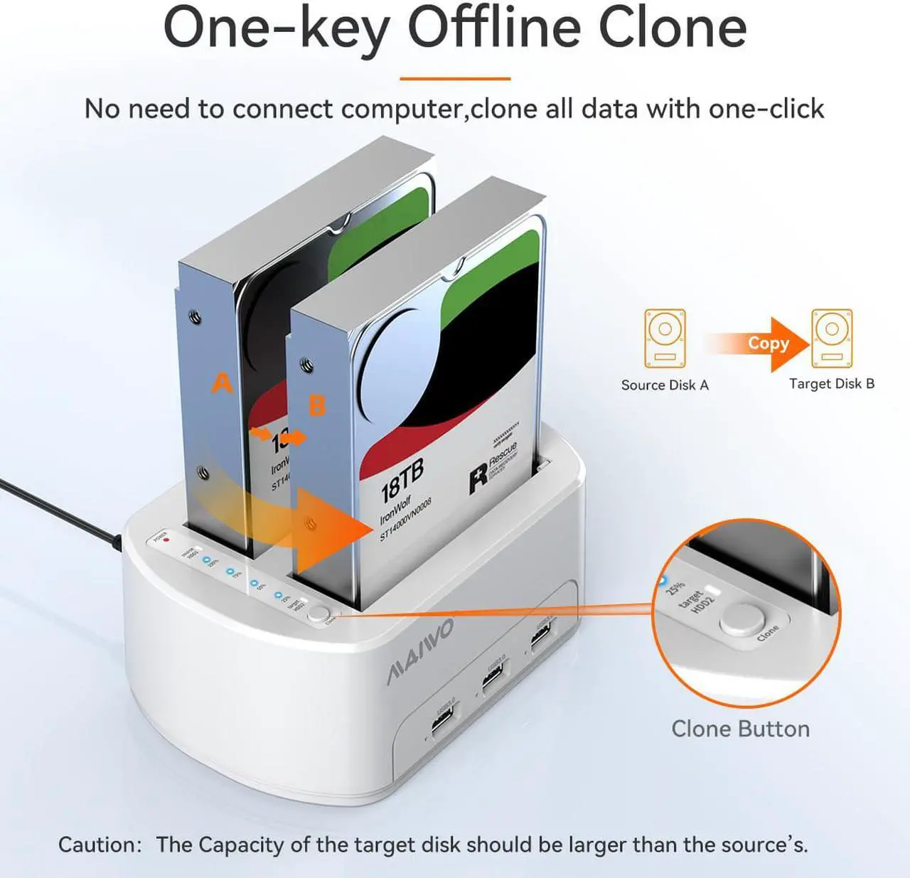 Alt view image 3 of 7 - MAIWO Dual Bay Hard Drive Docking Station USB 3.0 Adapter Dock Offline Cloner Duplicator for 2.5/3.5 inch SATA HDD/SSD, with 3 USB3.0 Ports Hub, support 36TB capacity