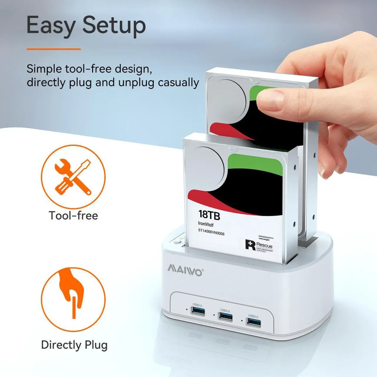 Alt view image 6 of 7 - MAIWO Dual Bay Hard Drive Docking Station USB 3.0 Adapter Dock Offline Cloner Duplicator for 2.5/3.5 inch SATA HDD/SSD, with 3 USB3.0 Ports Hub, support 36TB capacity