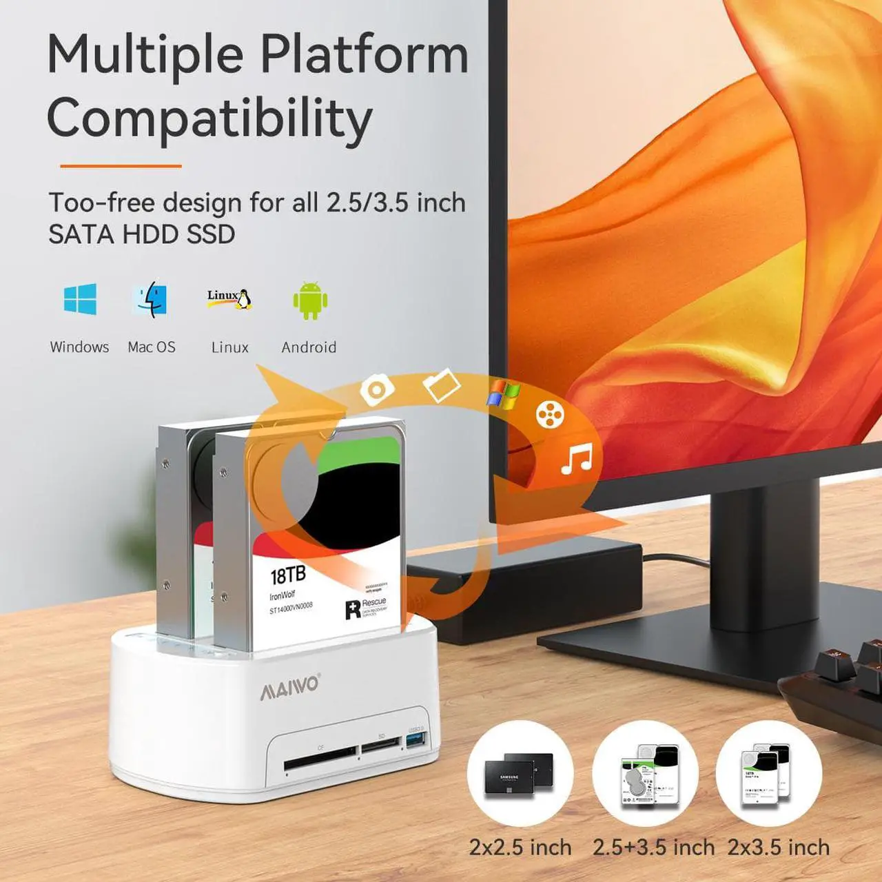 Alt view image 2 of 7 - MAIWO Dual Bay Hard Drive Docking Station USB 3.0 Adapter Dock Offline Cloner Duplicator for 2.5/3.5 inch SATA HDD/SSD, with 3 USB3.0 Ports Hub, support 36TB capacity