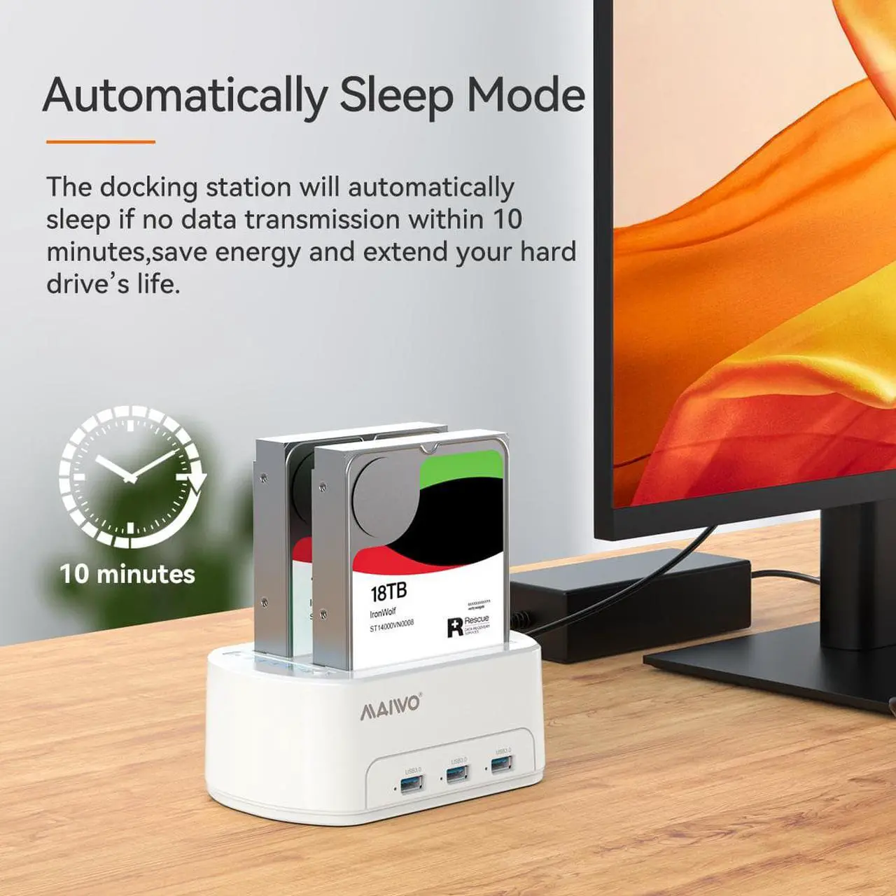 Alt view image 7 of 7 - MAIWO Dual Bay Hard Drive Docking Station USB 3.0 Adapter Dock Offline Cloner Duplicator for 2.5/3.5 inch SATA HDD/SSD, with 3 USB3.0 Ports Hub, support 36TB capacity