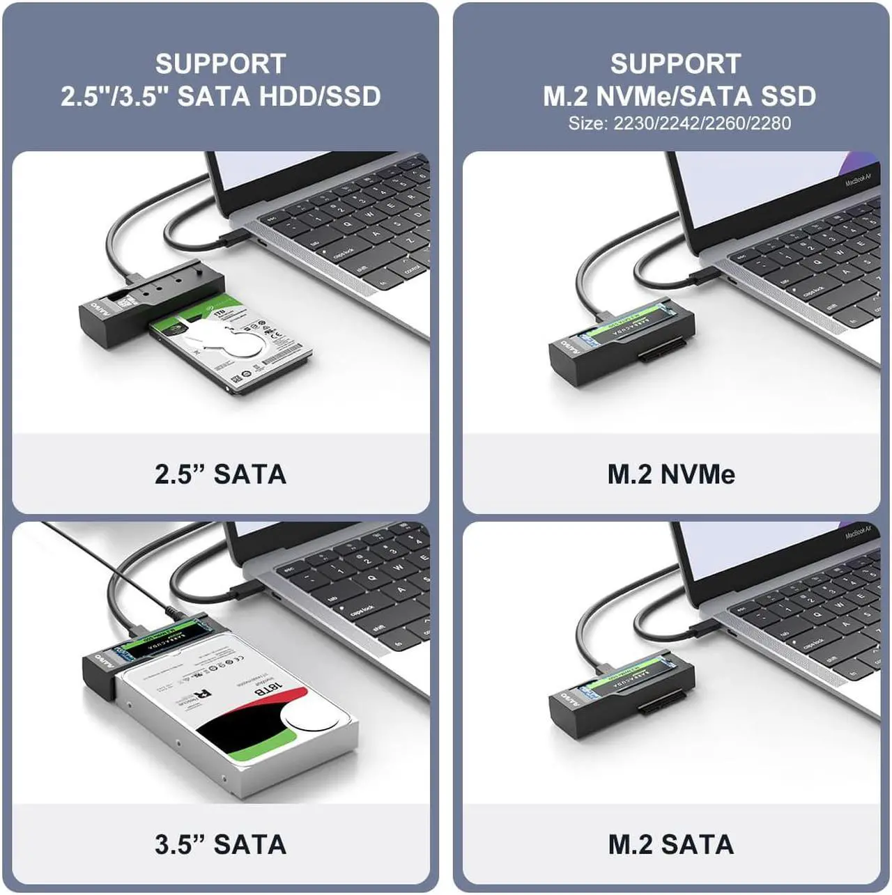 Alt view image 2 of 7 - MAIWO Type C to 2.5'' 3.5'' SATA Adapter to M.2 NVMe SATA Reader, USB3.2 Gen2 Converter for M.2 2.5/3.5 Hard Drive (Up to 18TB)