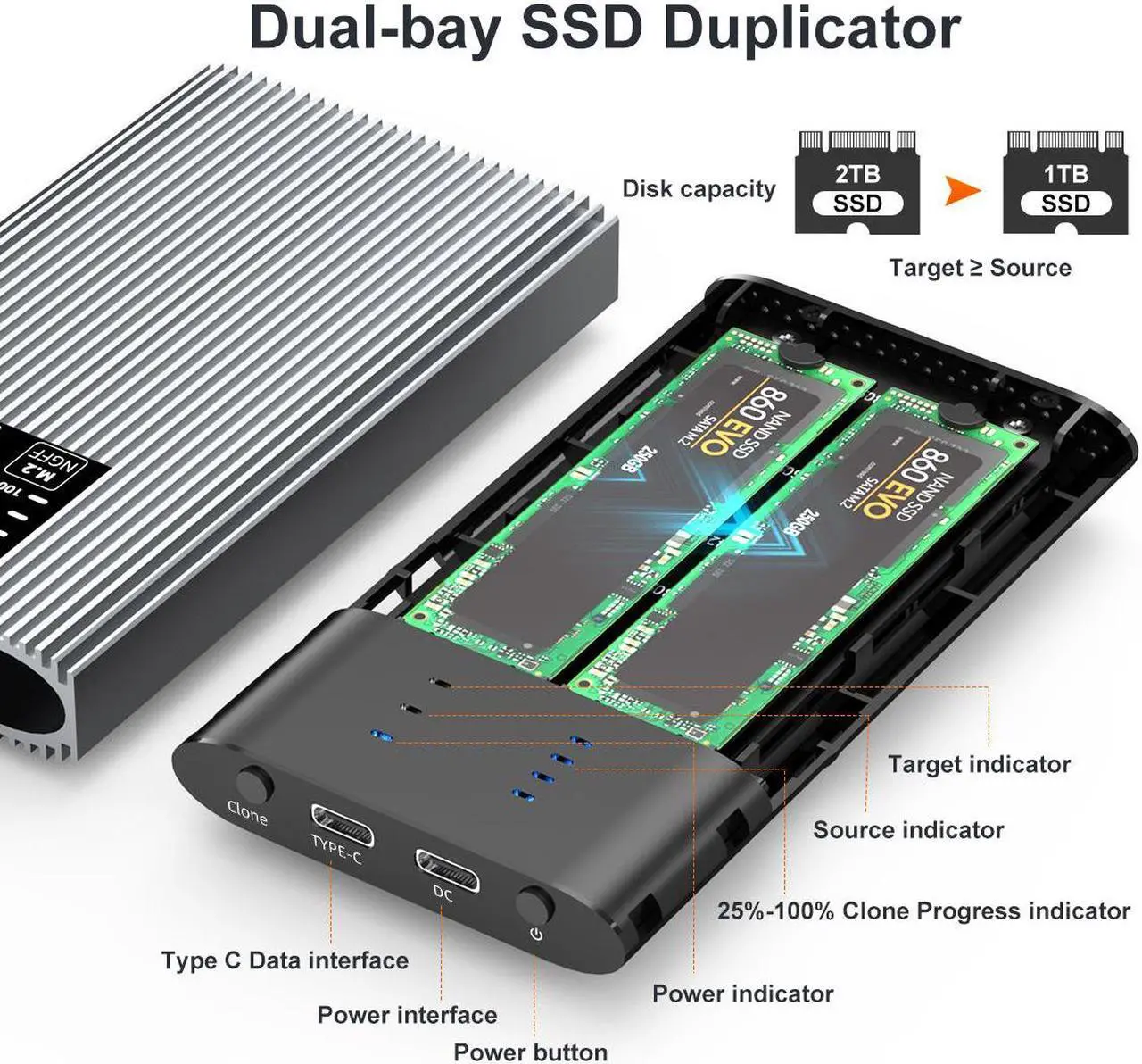 Alt view image 5 of 7 - MAIWO Dual Bay External Hard Drive Enclosure for M.2 SATA SSD Hard Disk with B Key & B+M Key, SATA M.2 SSD Duplicator/Cloner, USB Type C to M.2 SATA SSD Enclosure Adapter,Up to 5Gbps