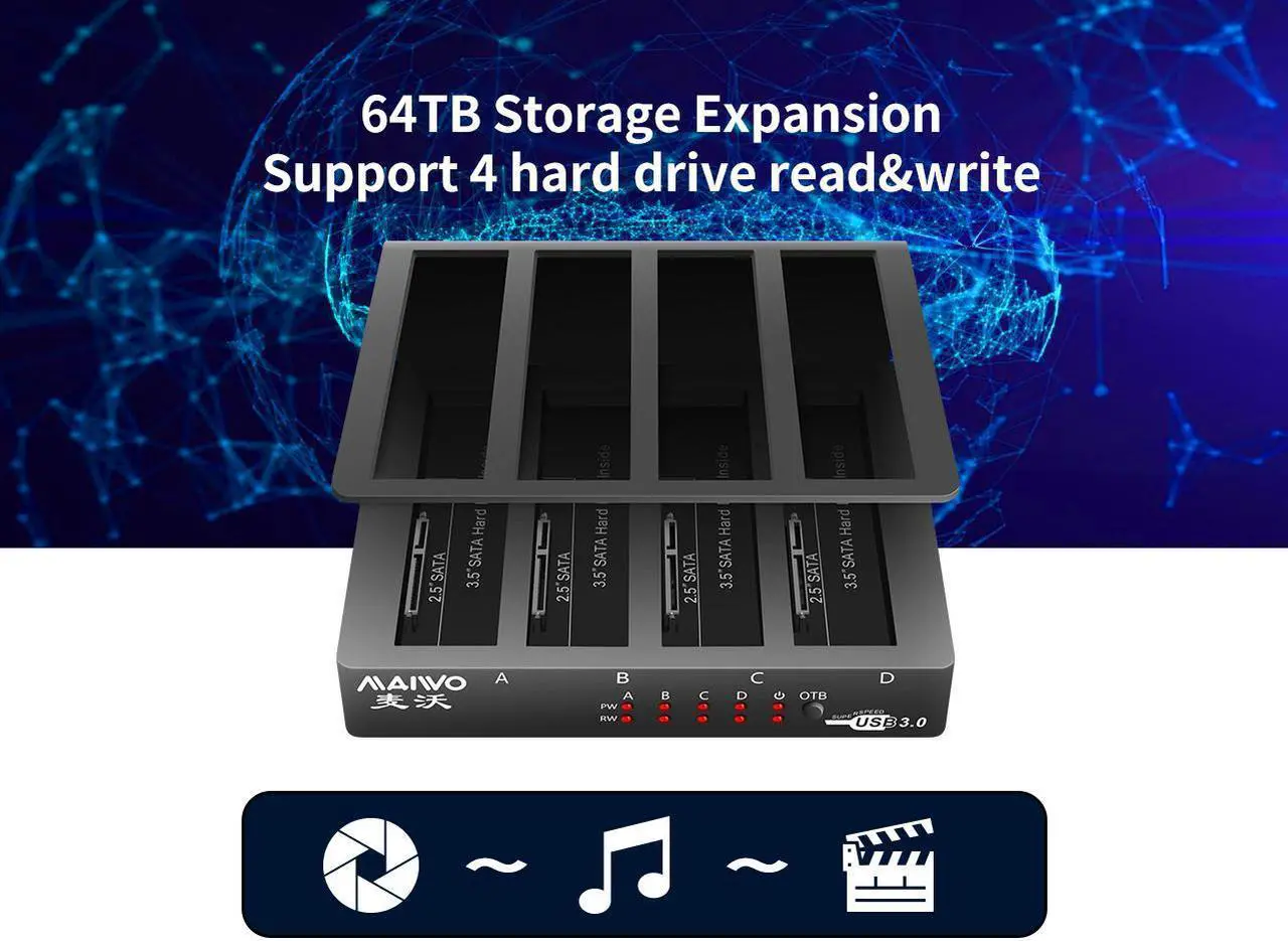 Alt view image 3 of 7 - MAIWO 4 Bay USB 3.0 to SATA External Hard Drive Docking Station Dock for 2.5 /3.5 inch SATA III HDD SSD, Up to 5Gbps High Speed, Support UASP, Max 64TB Capacity (Not Support Offline Clone)