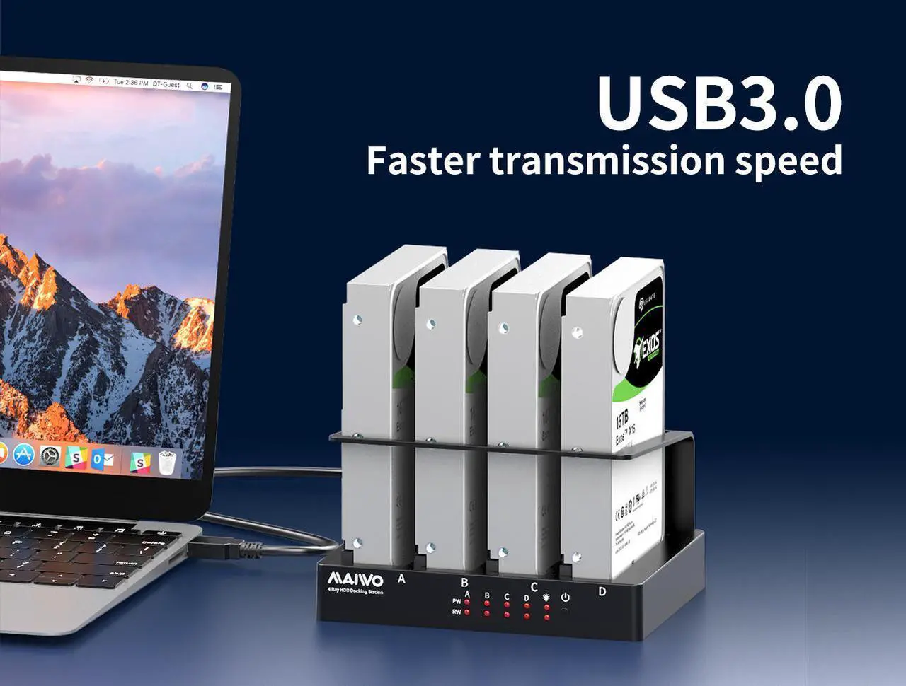 Alt view image 2 of 7 - MAIWO 4 Bay USB 3.0 to SATA External Hard Drive Docking Station Dock for 2.5 /3.5 inch SATA III HDD SSD, Up to 5Gbps High Speed, Support UASP, Max 64TB Capacity (Not Support Offline Clone)