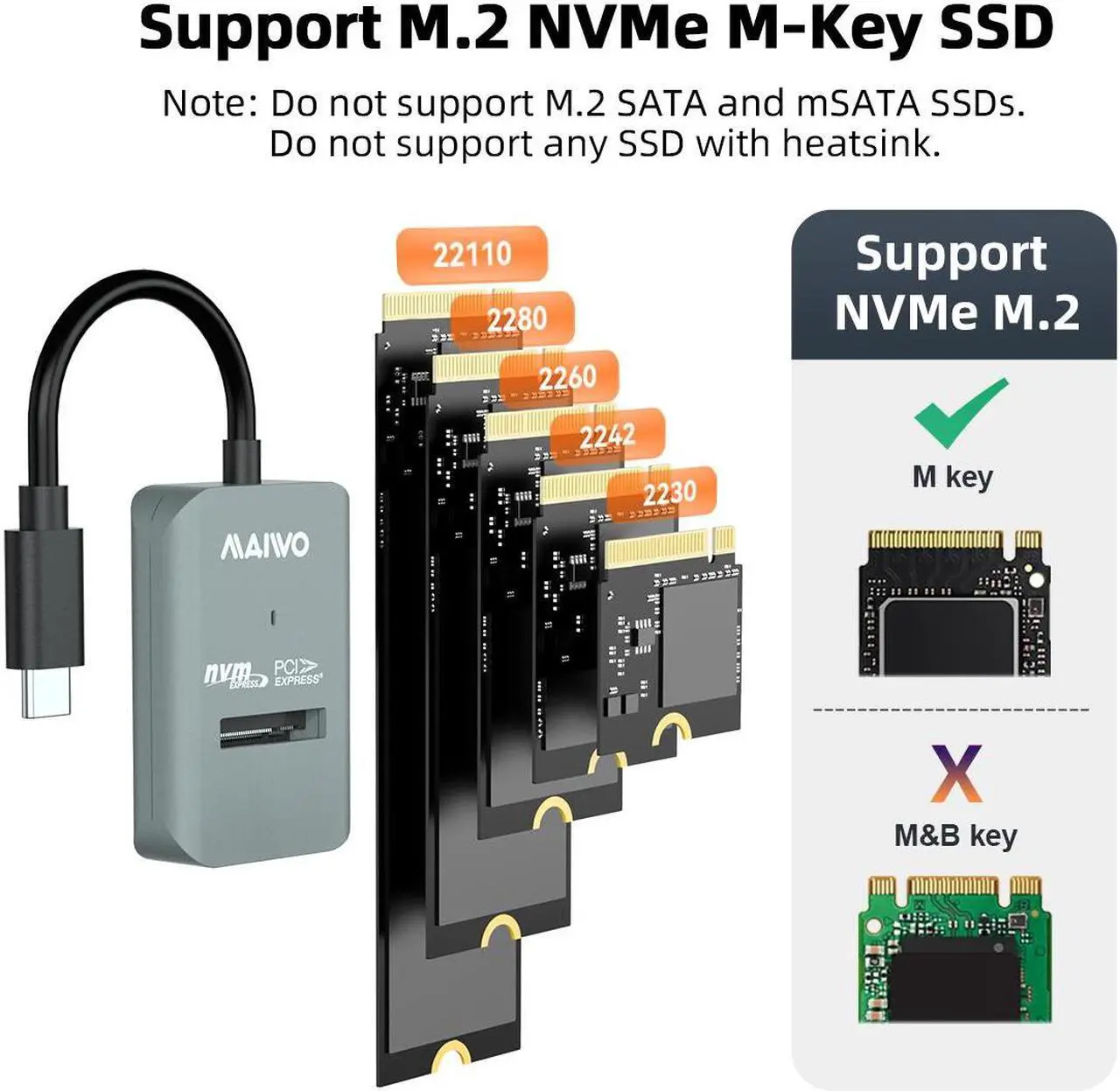 Alt view image 4 of 7 - MAIWO M.2 NVMe 10 Gbps SSD Enclosure, USB 3.2 Gen 2 to NVMe PCI-E M.2 SSD Docking Station, Support UASP for NVMe SSD Size 2230/2242/2260/2280(up to 4TB)