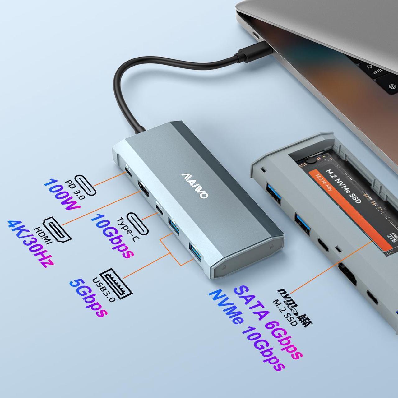 Alt view image 3 of 7 - MAIWO 6in1 USB C Docking Station and M.2 NVMe SSD Enclosure, Multi-Port USB-C Hub Adapter with 4K HD, USB 3.0 Ports, 100W PD Power Delivery, Type-C Enclosure for M.2 PCIe NVMe and SATA SSDs Size 2280