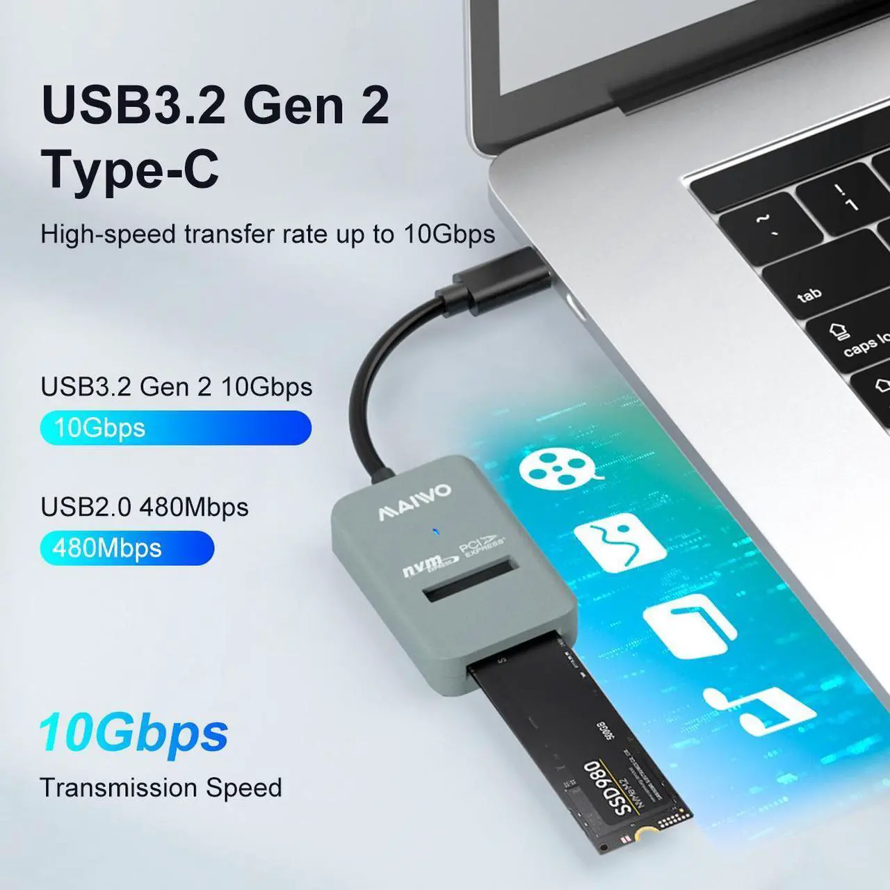 Alt view image 3 of 7 - MAIWO M.2 NVMe 10 Gbps SSD Enclosure, USB 3.2 Gen 2 to NVMe PCI-E M.2 SSD Docking Station, Support UASP for NVMe SSD Size 2230/2242/2260/2280(up to 4TB)