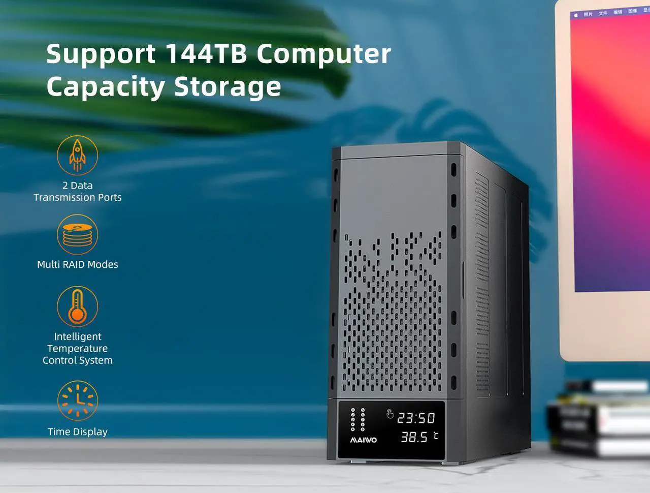 Alt view image 2 of 7 - MAIWO 8 Bay Hard Drive RAID Enclosure for 2.5/3.5 inch SATA SSD/HDD, 8 Raid Modes, 128TB Capacity, USB-C/eSATA to External Hard Disk Docking Station DAS with Build-in Fan & Smart Temperature System