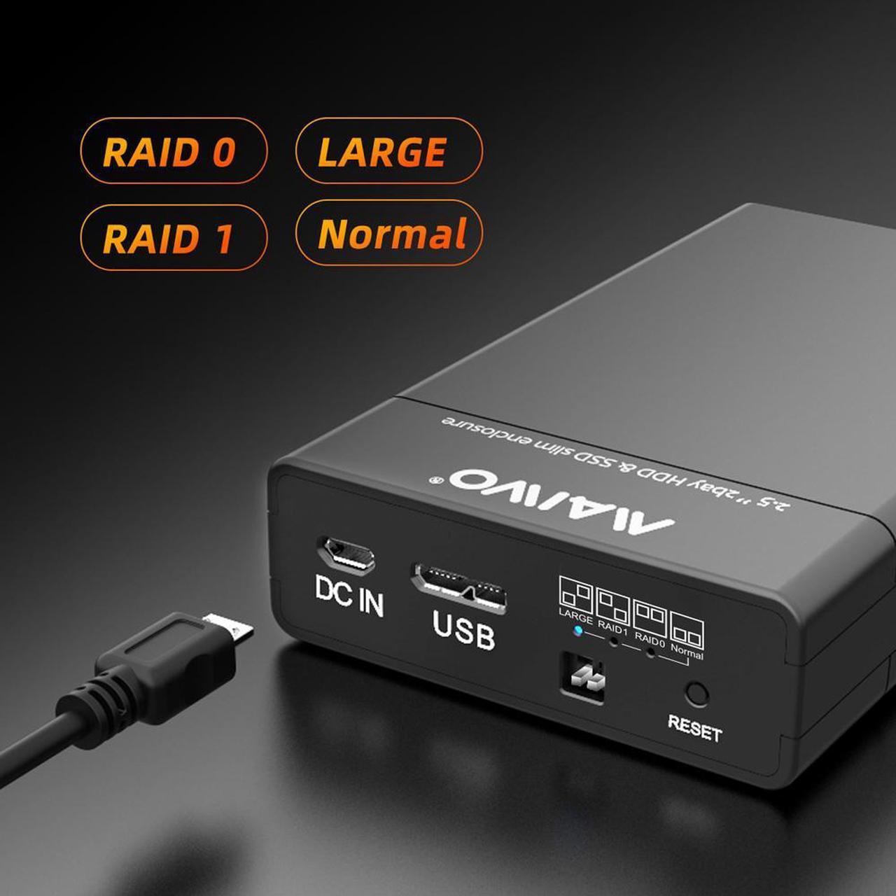 Alt view image 5 of 7 - MAIWO Dual Bay RAID Enclosure for 2.5" SATA Hard Drive, USB 3.0 HDD SSD Hard Disk Enclosure with 4 RAID Modes, Black Tool-free Slide Design