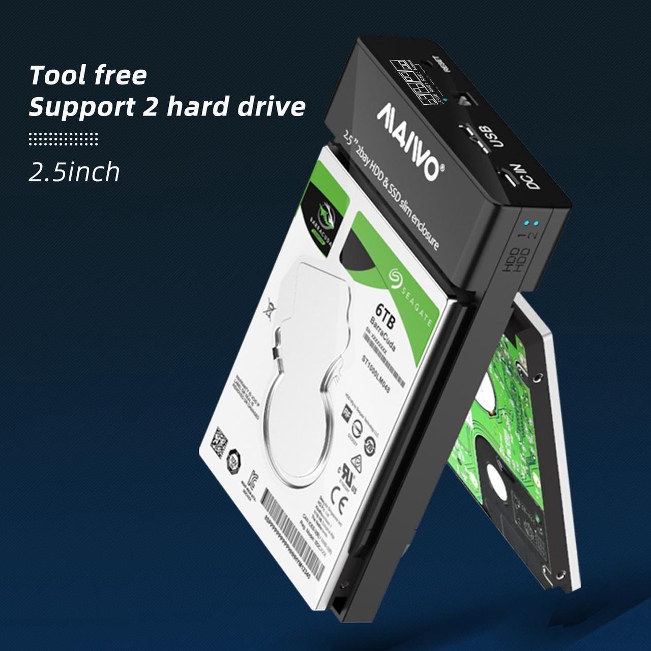 Alt view image 4 of 7 - MAIWO Dual Bay RAID Enclosure for 2.5" SATA Hard Drive, USB 3.0 HDD SSD Hard Disk Enclosure with 4 RAID Modes, Black Tool-free Slide Design