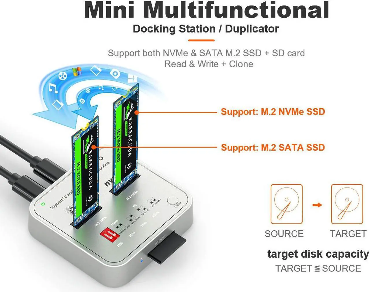 Alt view image 3 of 7 - MAIWO K3016CL M.2 SATA/NVMe Docking Station, USB C 10Gbps Clone Duplicator, with SD Express Card Base, Support Offline Clone and one- Key System Disk Copy