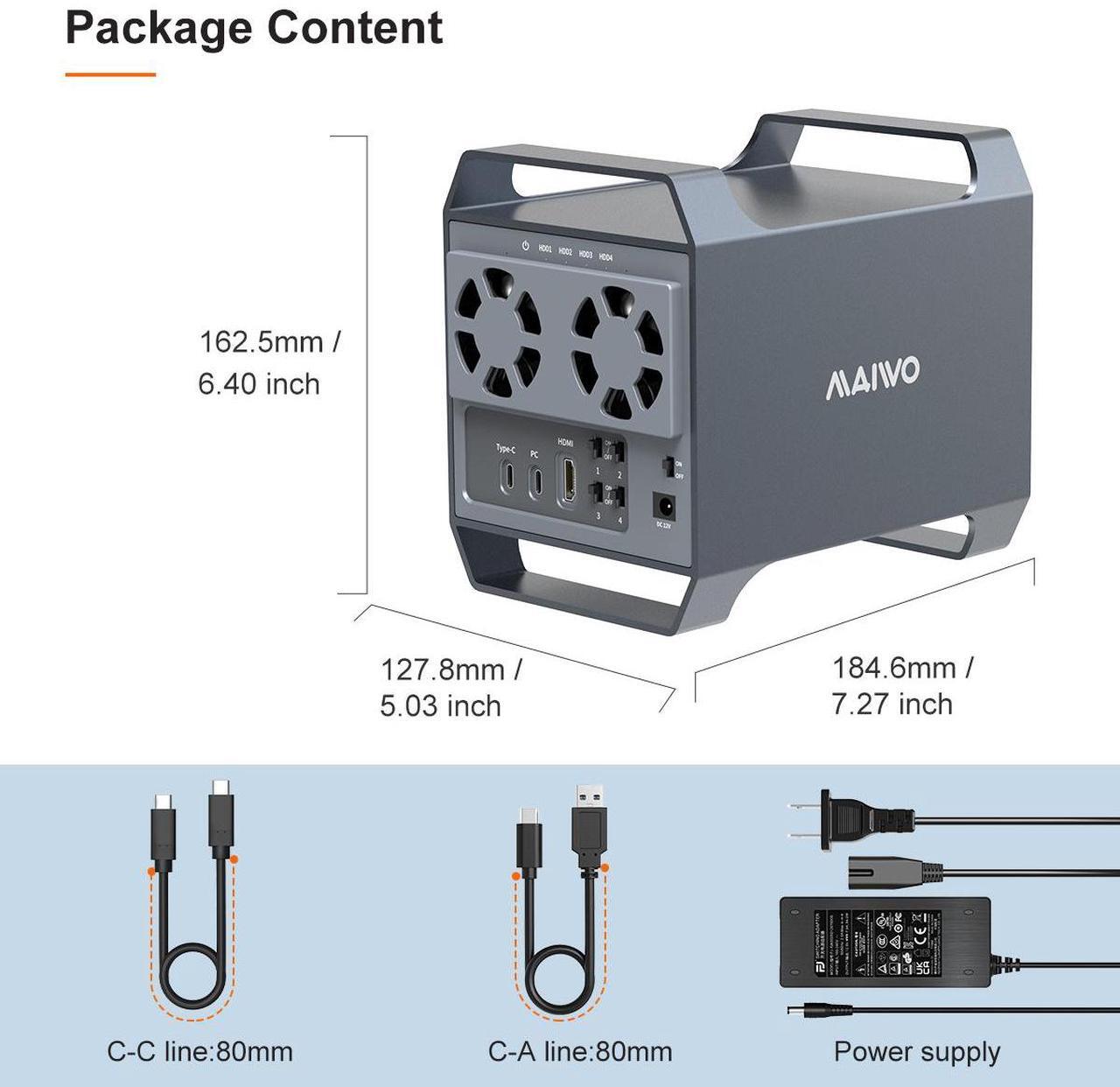 Alt view image 7 of 7 - MAIWO 4 Bay Hard Drive Enclosure with USB-C & 10 Gbps Speed, 4-Bay DAS Design for 3.5 SATA HDDs with 2 Cooling Fans, USB3.1 HDD Enclosure Daisy Chain Expansion, DAS(NO RAID)