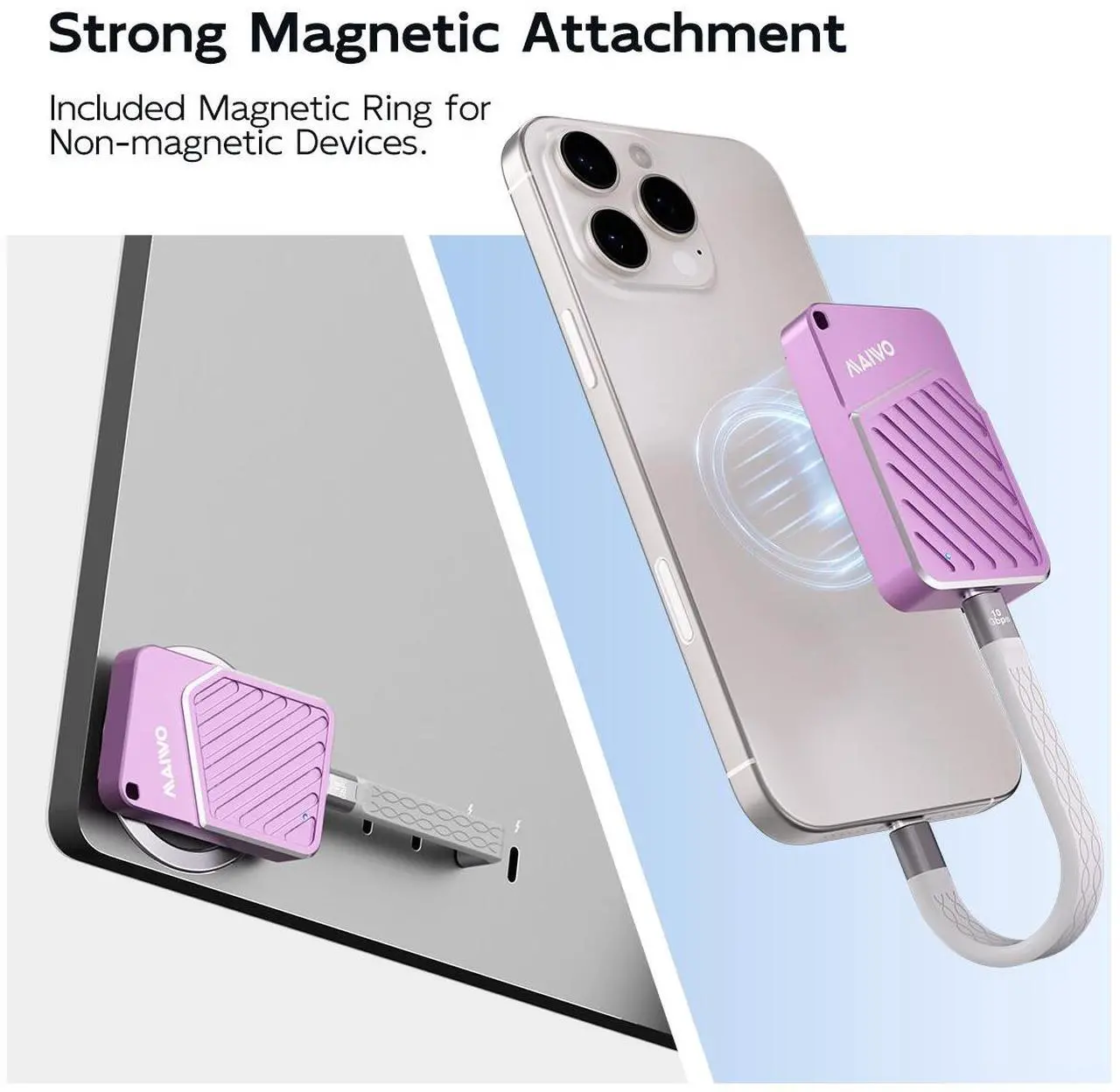 Alt view image 3 of 6 - MAIWO Magnetic Portable SSD 512GB External Solid State Drive, USB 3.2 GEN 2 Type-C Up to 2000MB/s, Mini PSSD Supports 4K Videos ProRes for iPhone MacBook Pro macMini PS5, Aluminum(Pink, 512GB)