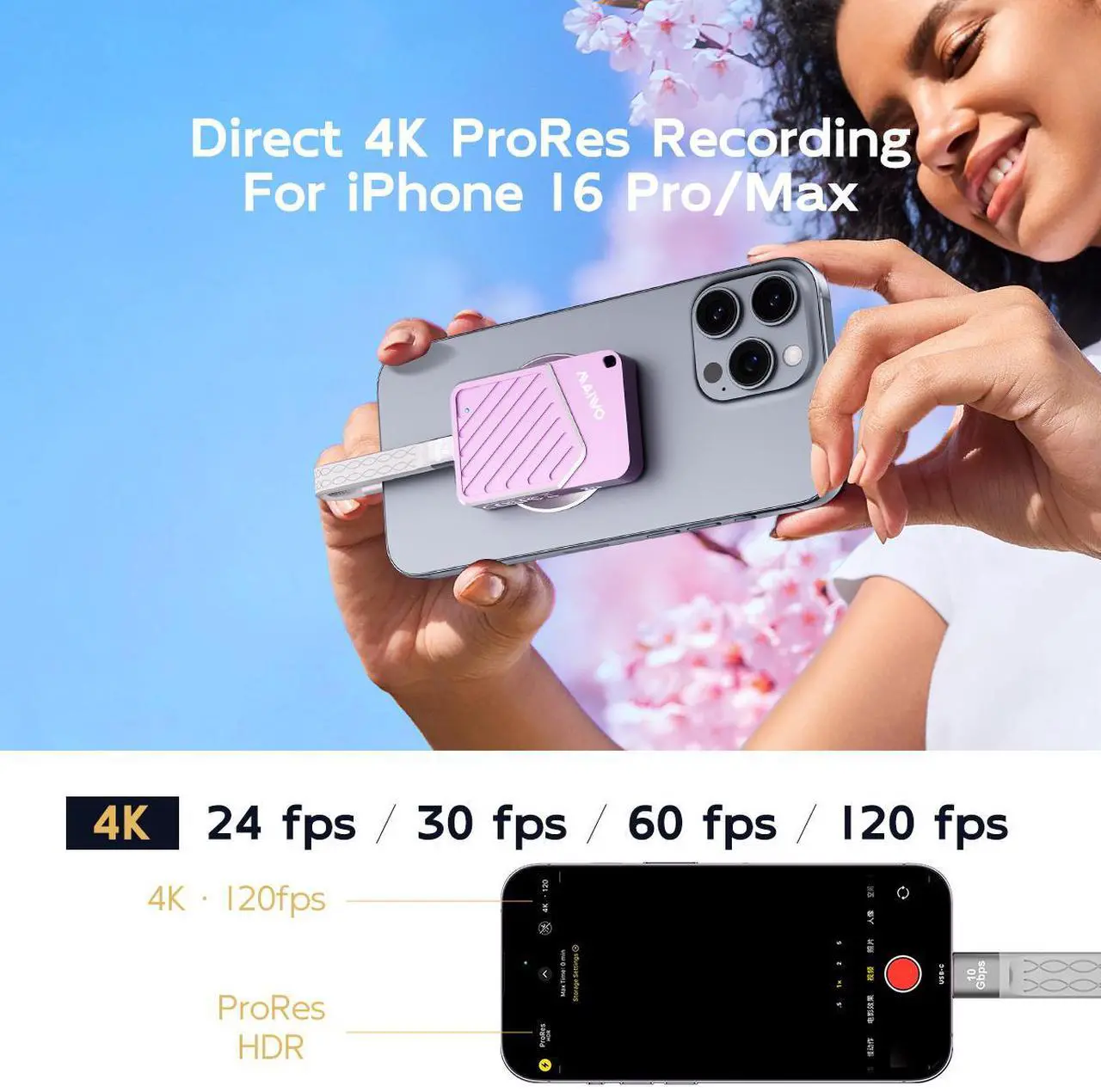 Alt view image 4 of 6 - MAIWO Magnetic Portable SSD 512GB External Solid State Drive, USB 3.2 GEN 2 Type-C Up to 2000MB/s, Mini PSSD Supports 4K Videos ProRes for iPhone MacBook Pro macMini PS5, Aluminum(Pink, 512GB)