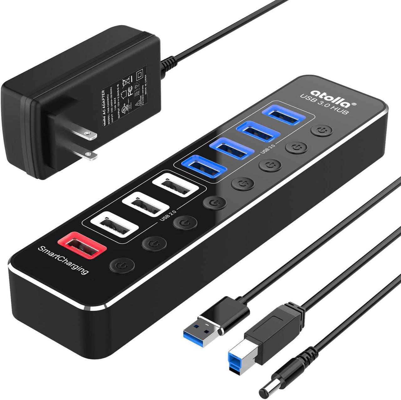 Powered USB Hub 3.0,  Aluminum 8-Port USB Data Hub Splitter (4 USB 3.0 Data Ports+3 USB 2.0 Data Ports+1 Smart Charging Port) with Individual Switches and 12V/2.5A Power Adapter USB Extension