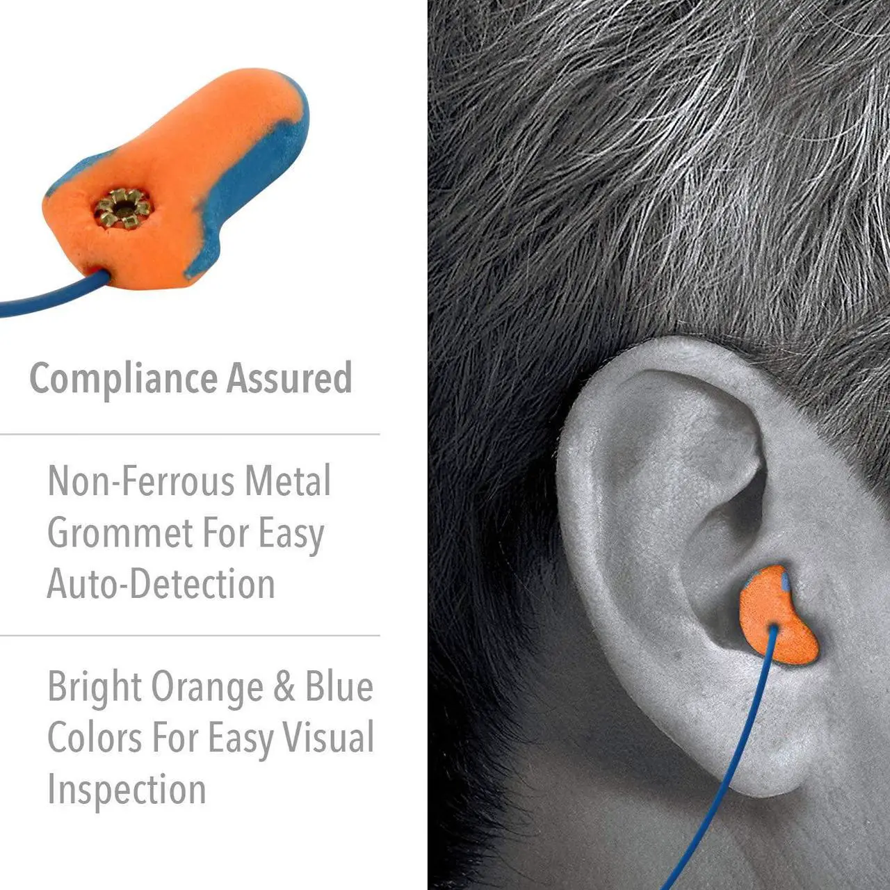 Alt view image 9 of 12 - Laser Trak Detectable Earplugs, Foam, Blue/Orange, Corded
