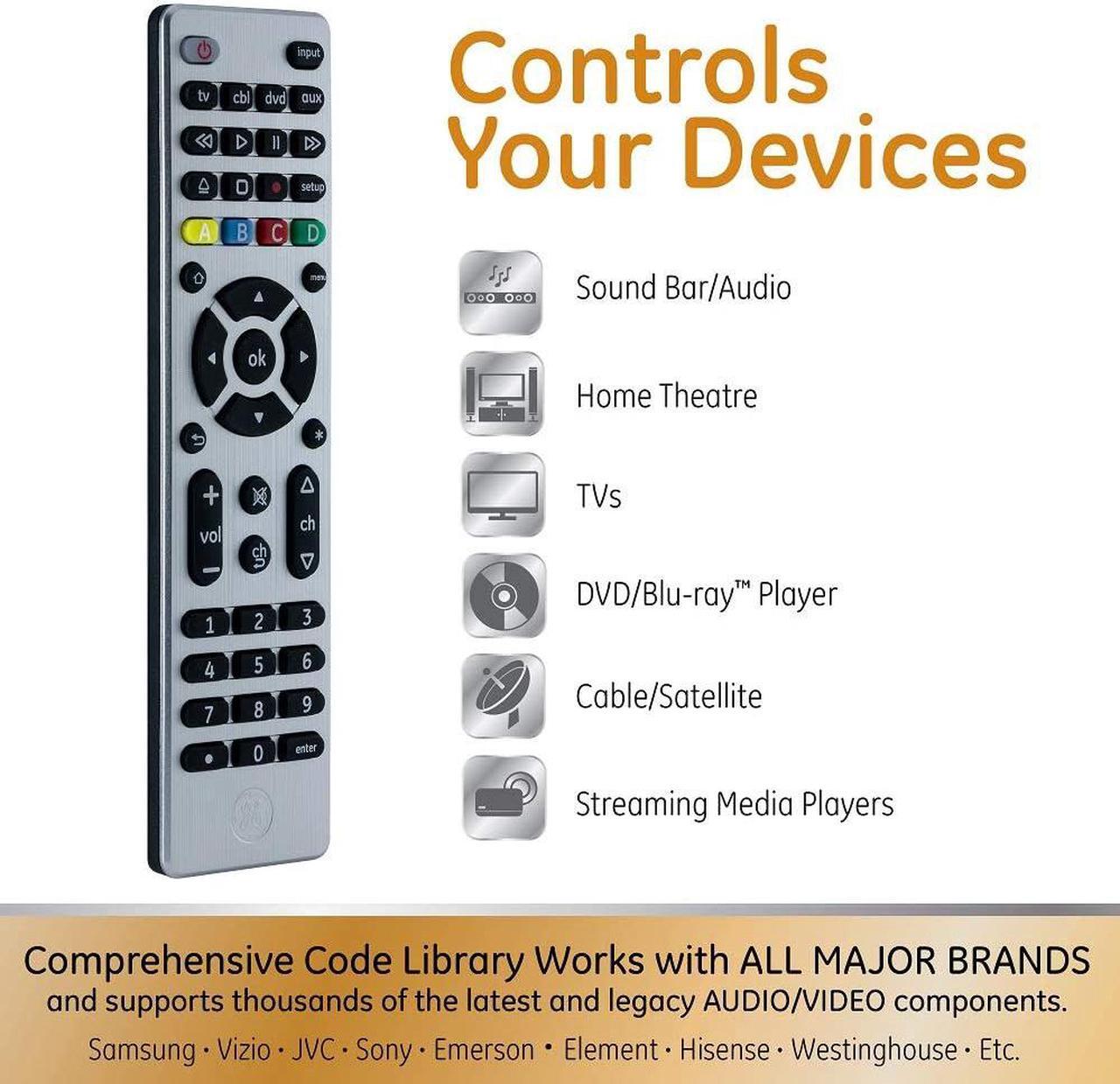 Alt view image 2 of 5 - GE Universal Remote Control for Samsung, Vizio, LG, Sony, Sharp, Roku, Apple TV, TCL, Panasonic, Smart TVs, Streaming Players, Blu-ray, DVD, 4-Device (Controls up to 4 different components), Silver