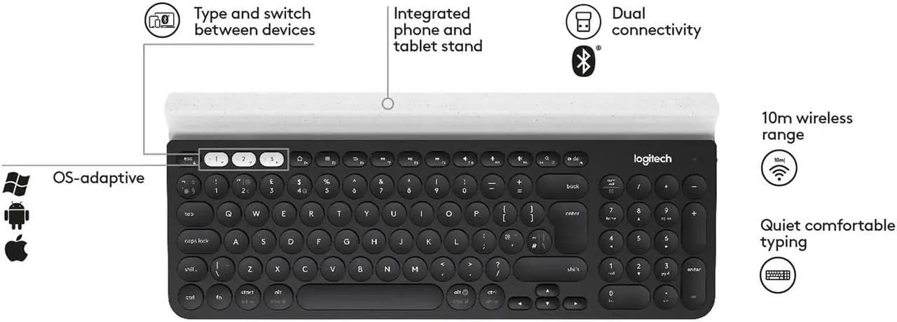 Alt view image 3 of 7 - Logitech K780 Multi-Device Wireless Keyboard for Computer, Phone and Tablet