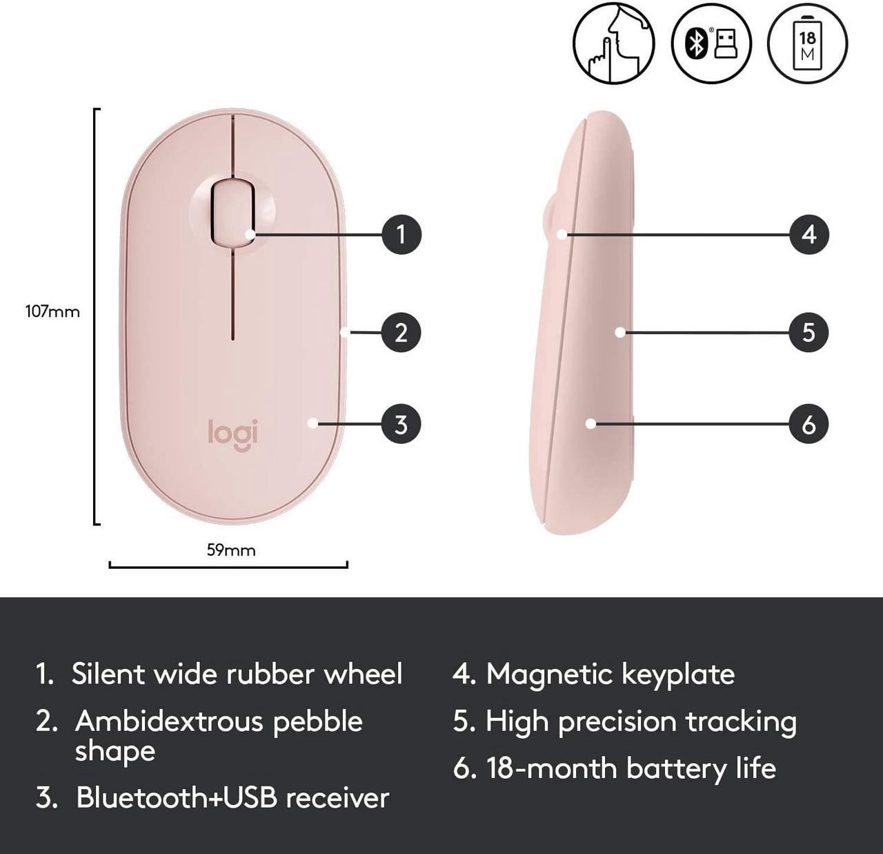 Alt view image 6 of 7 - Logitech Pebble M350 Wireless Mouse with Bluetooth or USB - Pink Rose