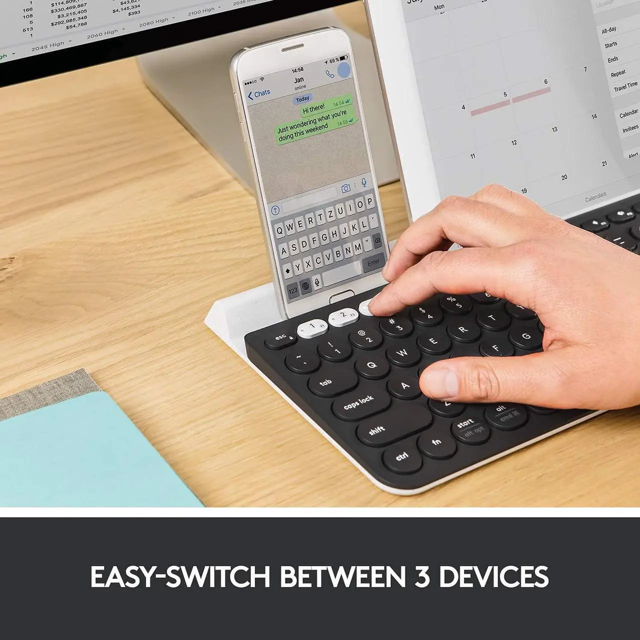 Alt view image 2 of 7 - Logitech K780 Multi-Device Wireless Keyboard for Computer, Phone and Tablet  Speckles
