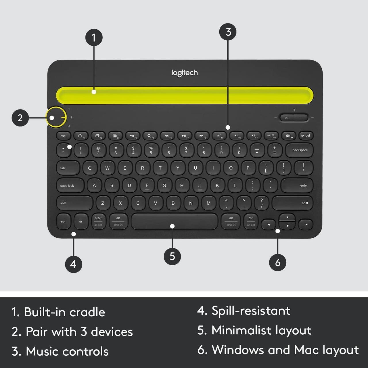 Alt view image 6 of 7 - Logitech K480 Bluetooth Multi-Device Keyboard for Windows, MacOS, iPadOS, Android or Chrome OS - Black