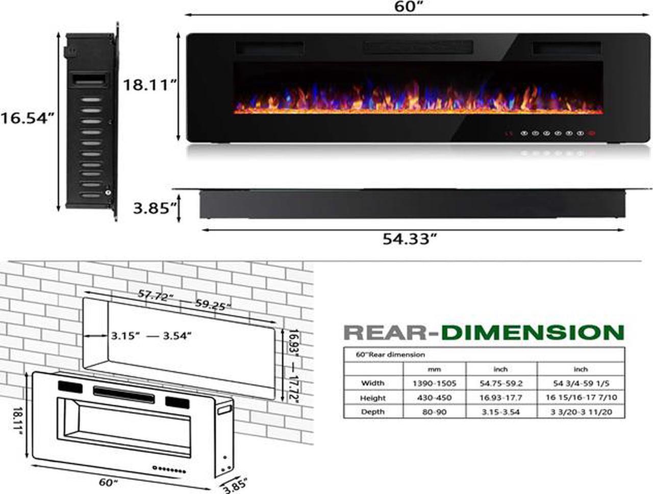 Alt view image 3 of 7 - 60 inch Wall Mounted and Recessed Electric Fireplace, Adjustable Flame Color and Speed Fireplace Heater Fit for 2 x 4 and 2 x 6 Stud with Touch Screen Control Panel, Remote Control