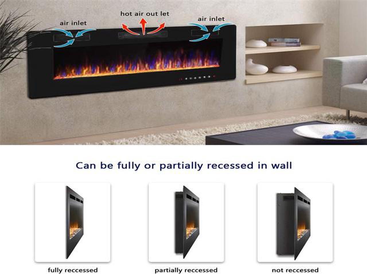 Alt view image 4 of 7 - 60 inch Wall Mounted and Recessed Electric Fireplace, Adjustable Flame Color and Speed Fireplace Heater Fit for 2 x 4 and 2 x 6 Stud with Touch Screen Control Panel, Remote Control