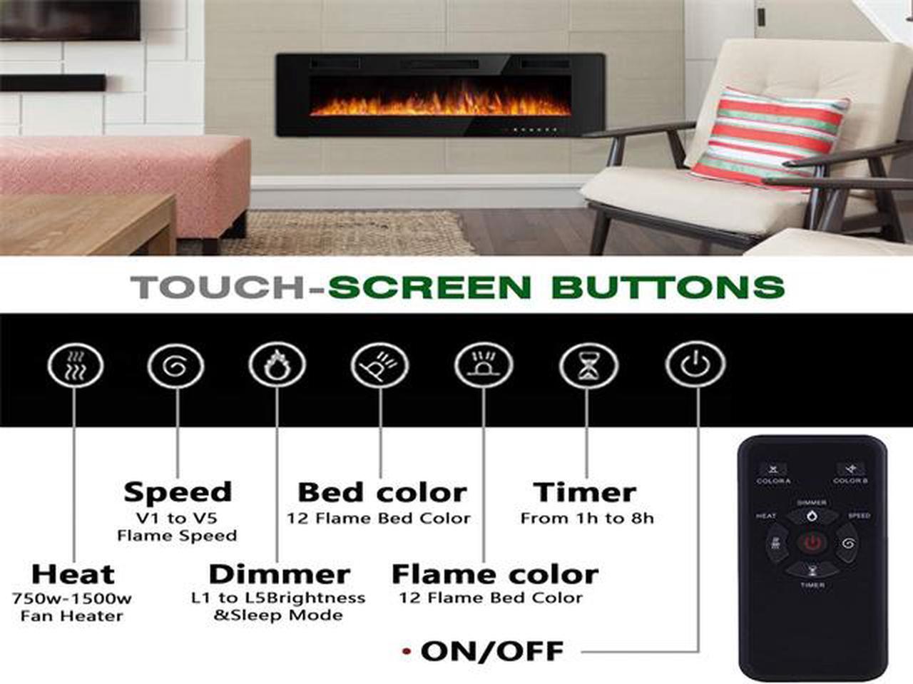 Alt view image 6 of 7 - 60 inch Wall Mounted and Recessed Electric Fireplace, Adjustable Flame Color and Speed Fireplace Heater Fit for 2 x 4 and 2 x 6 Stud with Touch Screen Control Panel, Remote Control