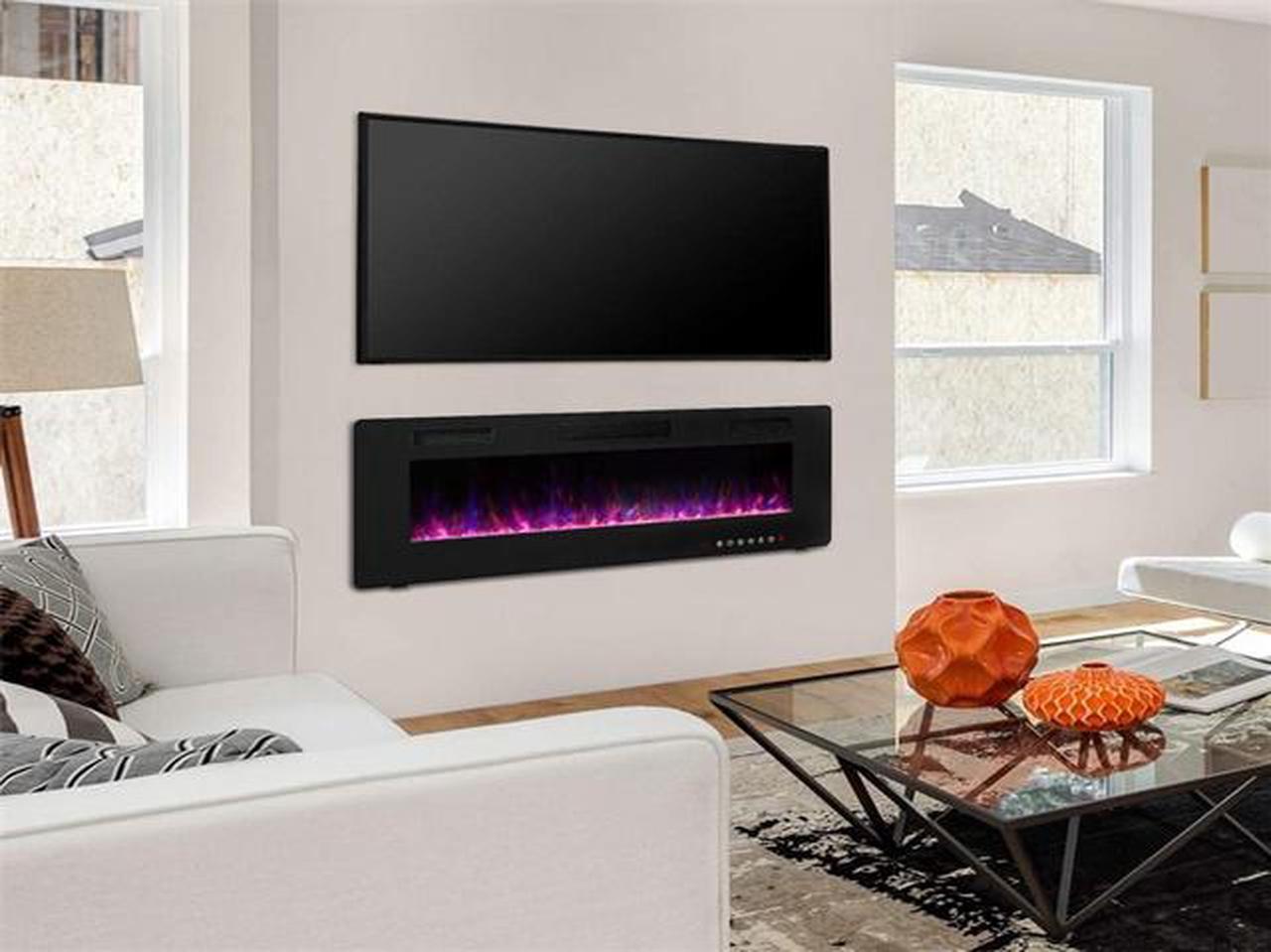 Alt view image 2 of 7 - 60 inch Wall Mounted and Recessed Electric Fireplace, Adjustable Flame Color and Speed Fireplace Heater Fit for 2 x 4 and 2 x 6 Stud with Touch Screen Control Panel, Remote Control
