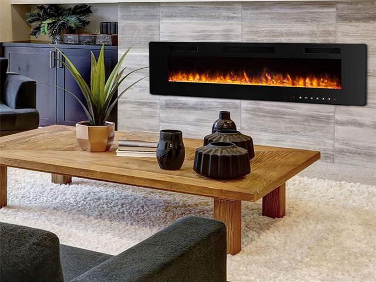 Alt view image 5 of 7 - 60 inch Wall Mounted and Recessed Electric Fireplace, Adjustable Flame Color and Speed Fireplace Heater Fit for 2 x 4 and 2 x 6 Stud with Touch Screen Control Panel, Remote Control