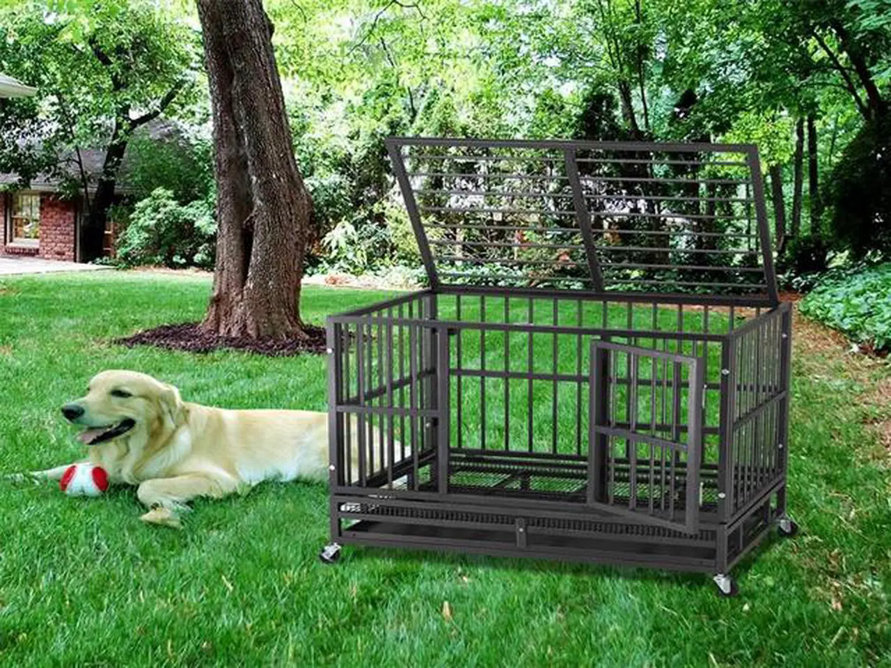 Alt view image 3 of 7 - 48'' Heavy Duty Metal Dog Cage Kennel Crate and Playpen for Training Large Dog Indoor Outdoor with Double Doors & Locks Design Included Lockable Wheels Removable Tray(42in 48in) (48 in, Black)